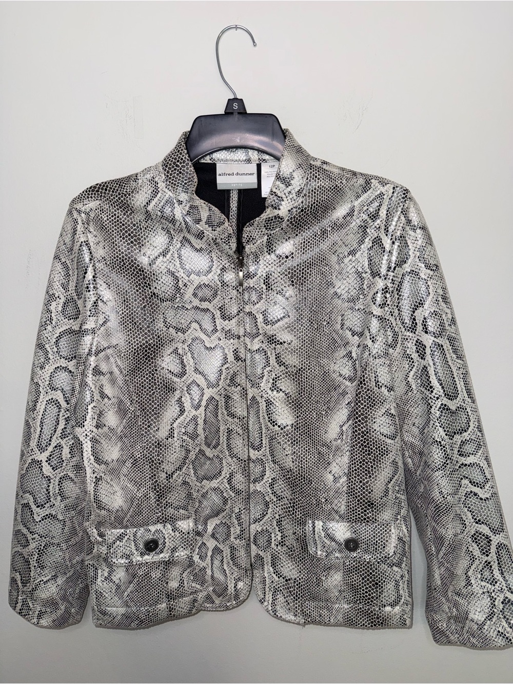 Alfred Dunner Silver and Black Snake-Print Bomber Jacket